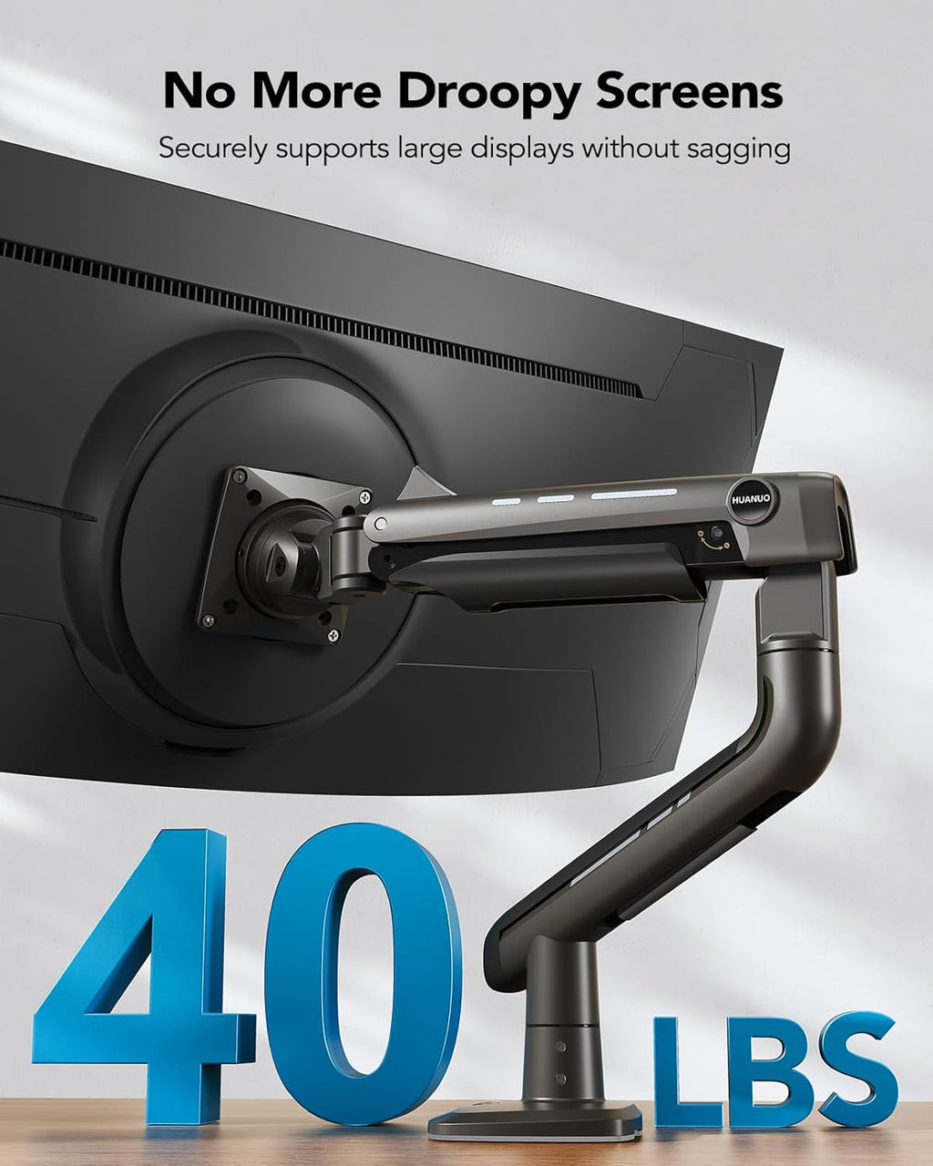 HUANUO Heavy Duty Monitor Arm for Ultrawide Screens up to 49", Holds 40 lbs,Aluminum Ultrawide Screen Desk Mount,Fully Adjustable Single Monitor Mount with C-clamp, Grommet Base, Max VESA 100x100