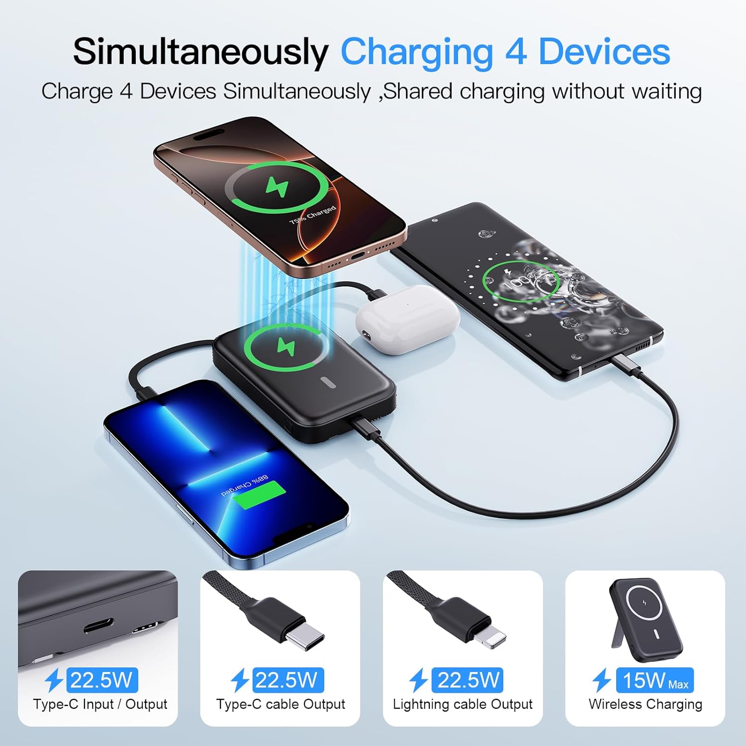 2025 Latest Portable Charger, 16800mAh Magnetic Wireless Power Bank with 2 Built in Cables, LED Display Battery Pack Travel Essentials for iPhone 16/15/14/13/12/Pro/Mini/Pro Max Andriod