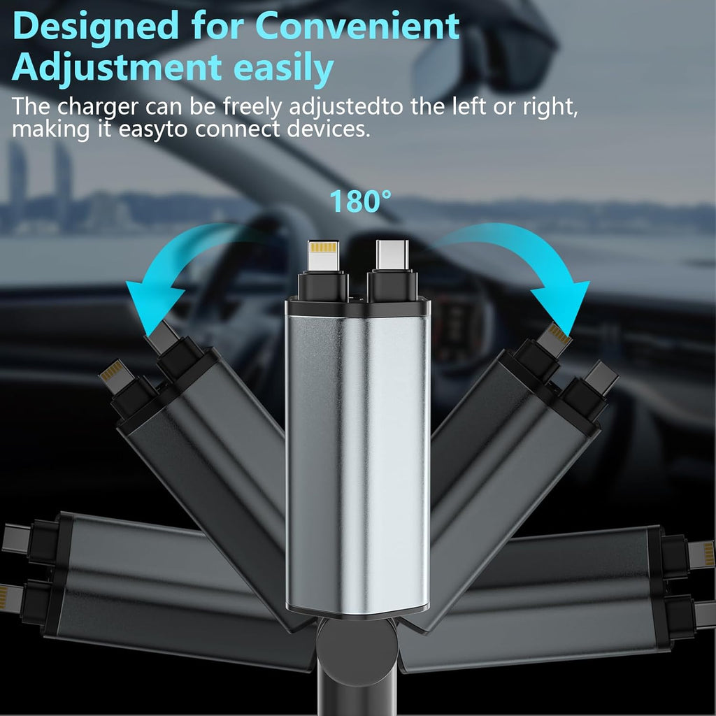 Retractable Car Charger, 120W 2.7Ft Retractable Cables and 4 Electronic Ports, Car Accessories Compatible for iOS & Android Cell Phones All Device Charging