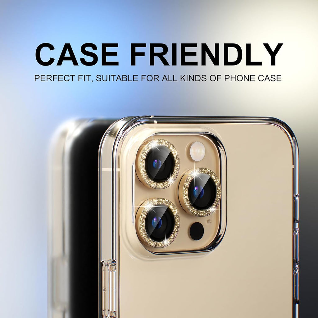 Choiche [3+1 for iPhone 13 Pro/iPhone 13 Pro Max Camera Lens Protector Bling, 9H Tempered Glass Camera Cover Screen Protector Metal Ring Decoration Accessories (Glitter-Gold)
