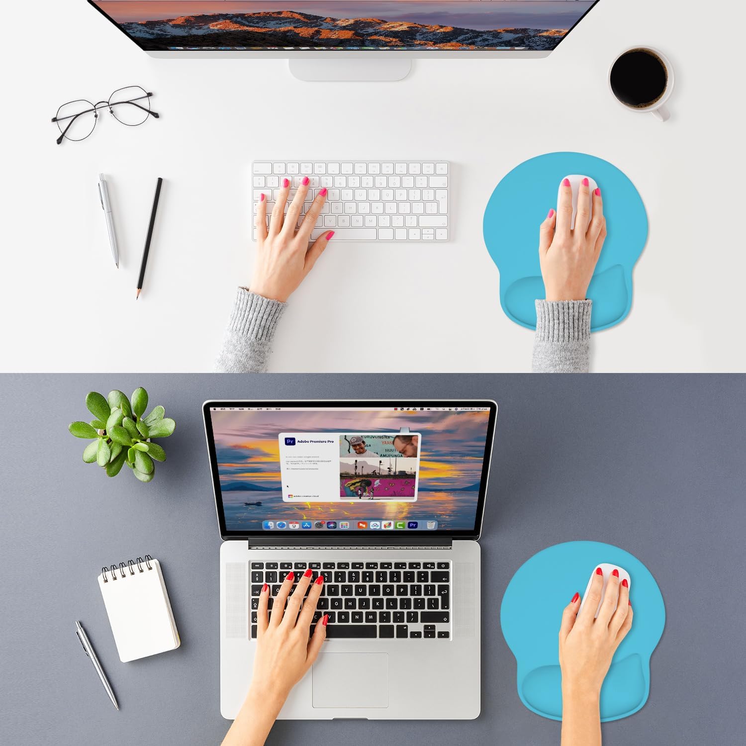 ITNRSIIET Ergonomic Mouse Pad with Wider Memory Foam Wrist Rest +17%, Curved Cushion Reduces Pressure 20%, Pain Relief, Non-Slip, Smooth, Cute Color Desk Accessory, 9.85 x 9 inch, Powder Blue