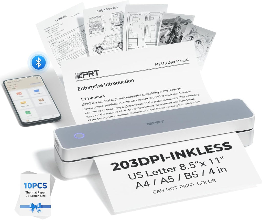 iDPRT Portable Printer Wireless for Travel - Bluetooth Mobile Printer Support for 8.5"x11" US Letter, Inkless Compatible with iOS, Android, Laptop for Office, Car and Home (pro, White)