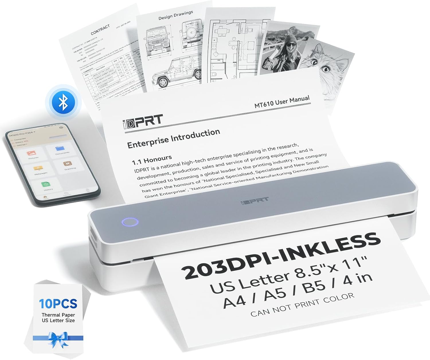 iDPRT Portable Printer Wireless for Travel - Bluetooth Mobile Printer Support for 8.5"x11" US Letter, Inkless Compatible with iOS, Android, Laptop for Office, Car and Home (pro, White)