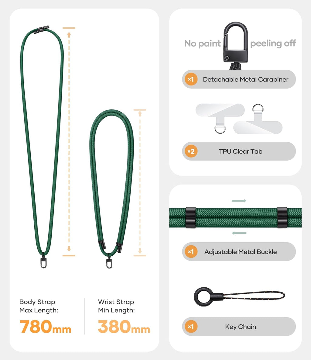 for Phone Lanyard Crossbody with 2X Clear Phone Tabs, Adjustable Anti Theft Phone Strap, Premium Metal Carabiner, Skin-Soft, Wrist Strap for iPhone Samsung Pixel Most Smartphones, Green