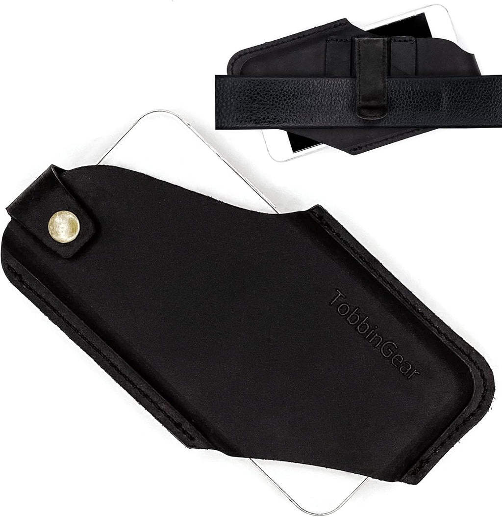 TobbinGear Left-Handed Leather Cell Phone Holster with Belt Clip, Universal Phone Holster for Men Belt Holder, Leather Case for iPhone, Samsung Galaxy Phones, Black, Medium