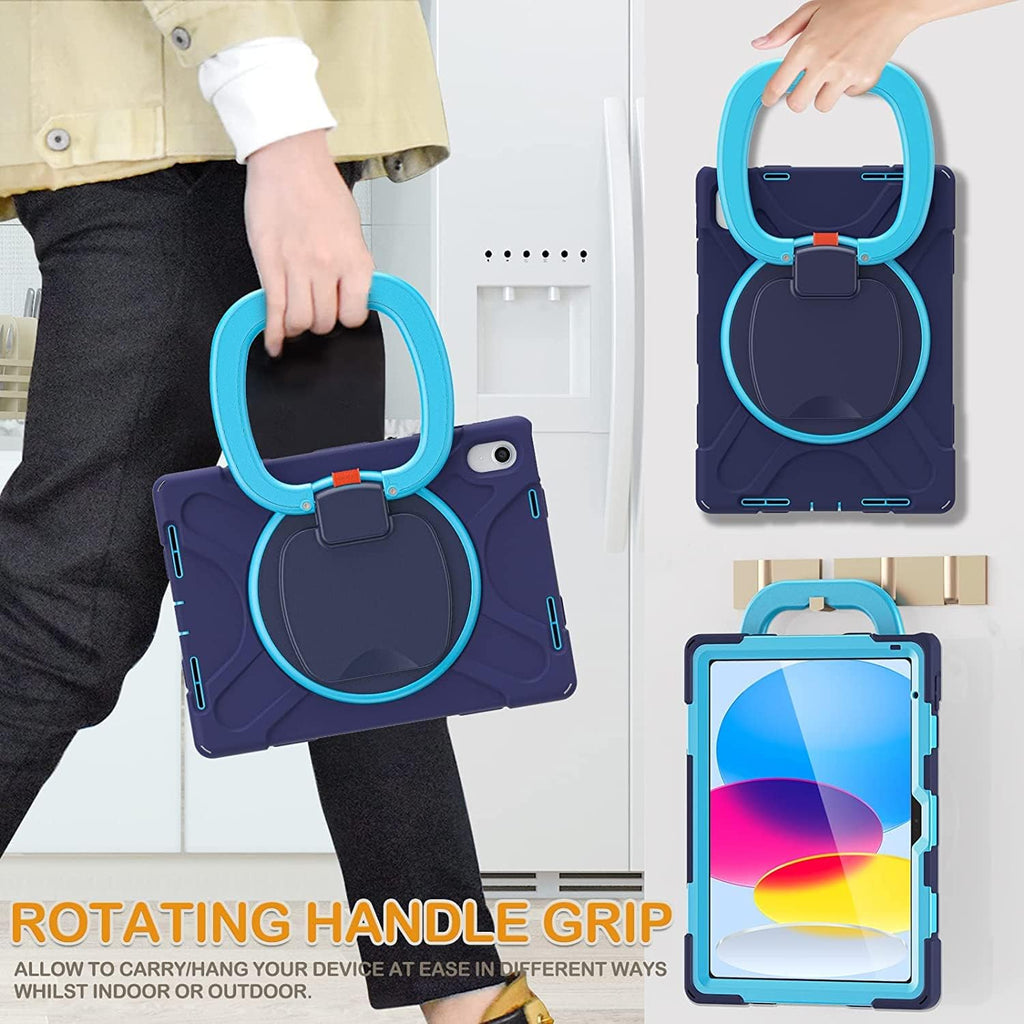 SCSVPN Case for iPad (A16) 11th Generation 11-inch 2025/10th Generation 10.9 Inch 2022, Full Body Shockproof Protective Cover with Pencil Holder, Rotating Stand & Handle, Shoulder Strap - Navy Blue