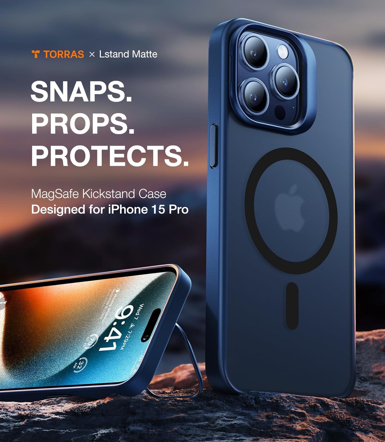 TORRAS Magnetic for iPhone 15 Pro Max Case [Compatible with MagSafe][Military-Grade Protection][Built-in Invisible Stand] Slim Hard Back Soft Edge, Blue Titanium