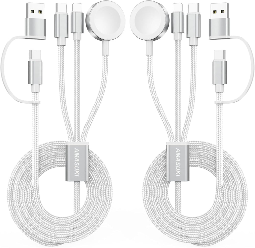 2Pack White-Travel Essentials 3 in 2 USB C Cable for Watch Charger Phone Charger USB C Multi Fast Charging Cable Compatible with Watch Ultra/SE/10/9/8/7/6/5/4/3/2/1 & Phone 16/15/14/Galaxy S23-4FT