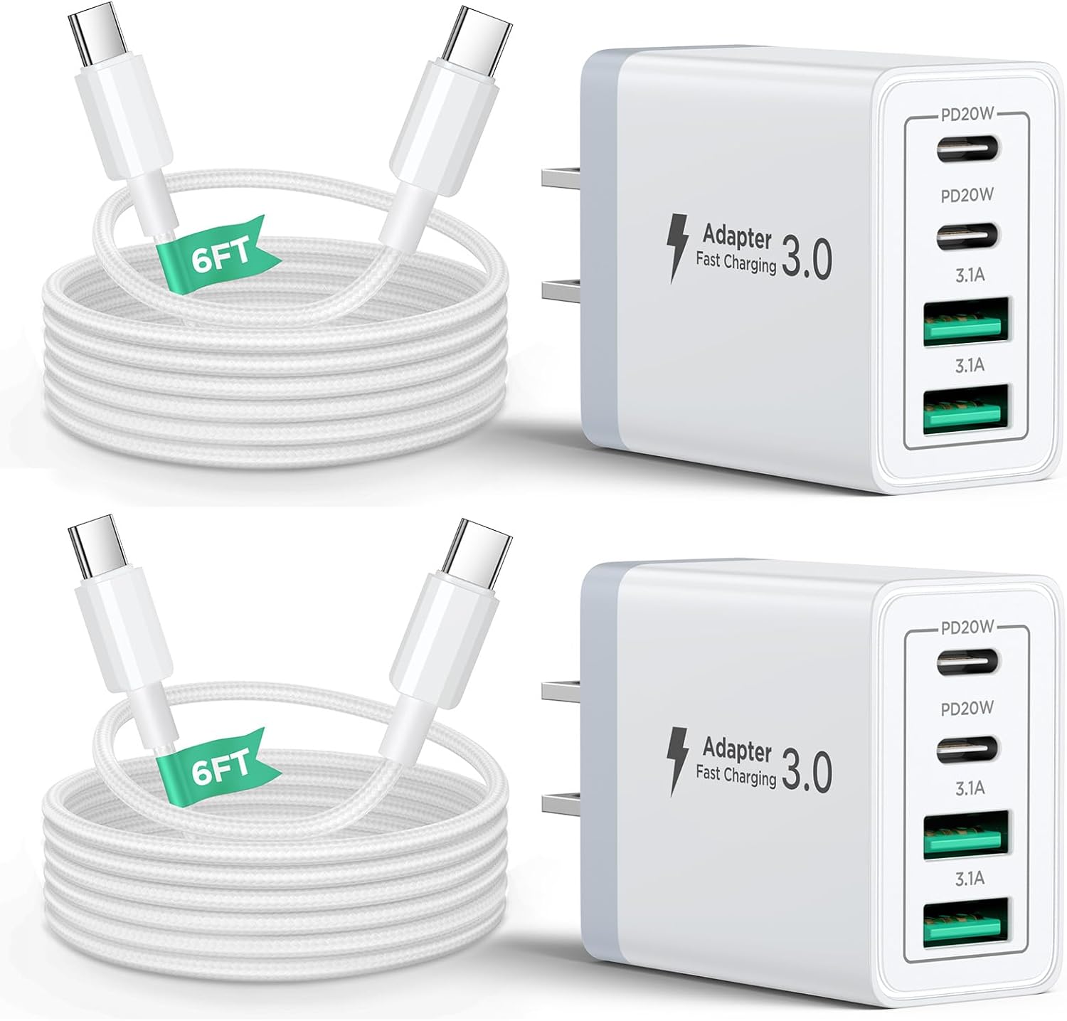 40W USB C Charger Block, 2Pack 4-Ports Type C Fast Phone Charging Cube with 6FT USBC to USBC Cord, Multiport Wall Plug Power Brick Box Compatible with iPhone, Samsung, iPad Pro, Cellphones Charger
