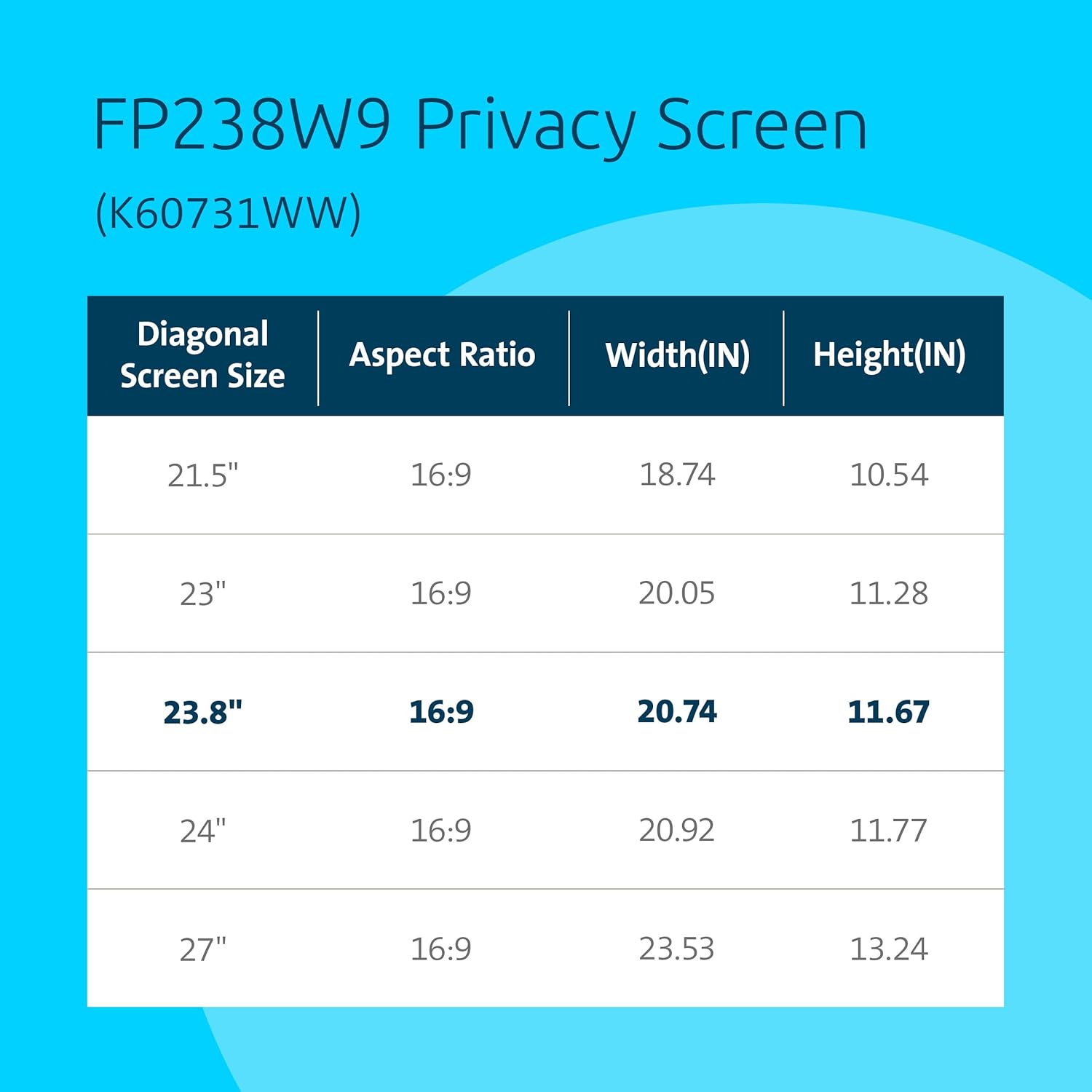 Kensington 23.8 inch Computer Privacy Screen for Desktop, 16:9 Widescreen Monitor, FP238W9 Anti-Glare Blue Ray Reduction Computer Privacy Filter, Matte and Glossy Viewing Options, K55416WW