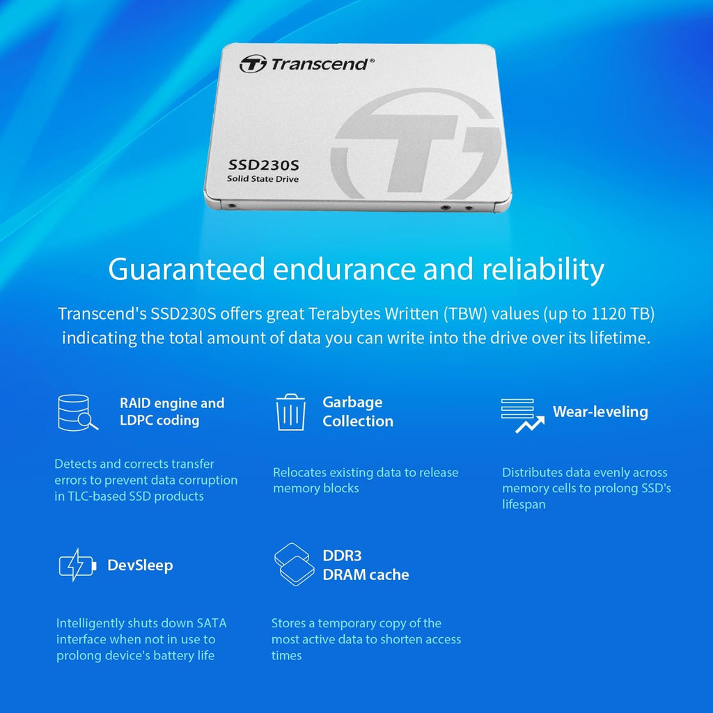 Transcend 1TB 2.5" SATA III 6Gb/s SSD with DRAM, Up to 560MB/s, Compatible with PS4, Laptops, Desktops, PCs, Notebooks, Internal Solid State Drive with SLC Cache, 3D TLC NAND, RAID Engine, LDPC Coding