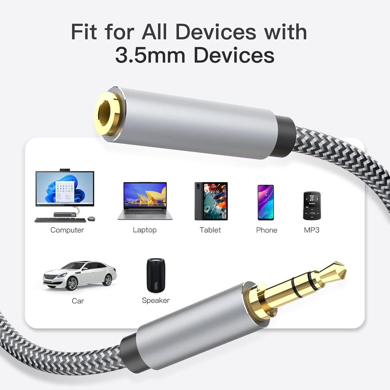 3.5mm Headphone Extension Cable 6ft, Nylon Braided Aux Cord Extender for Smartphones, Tablets, Media Players (No Mic Support)
