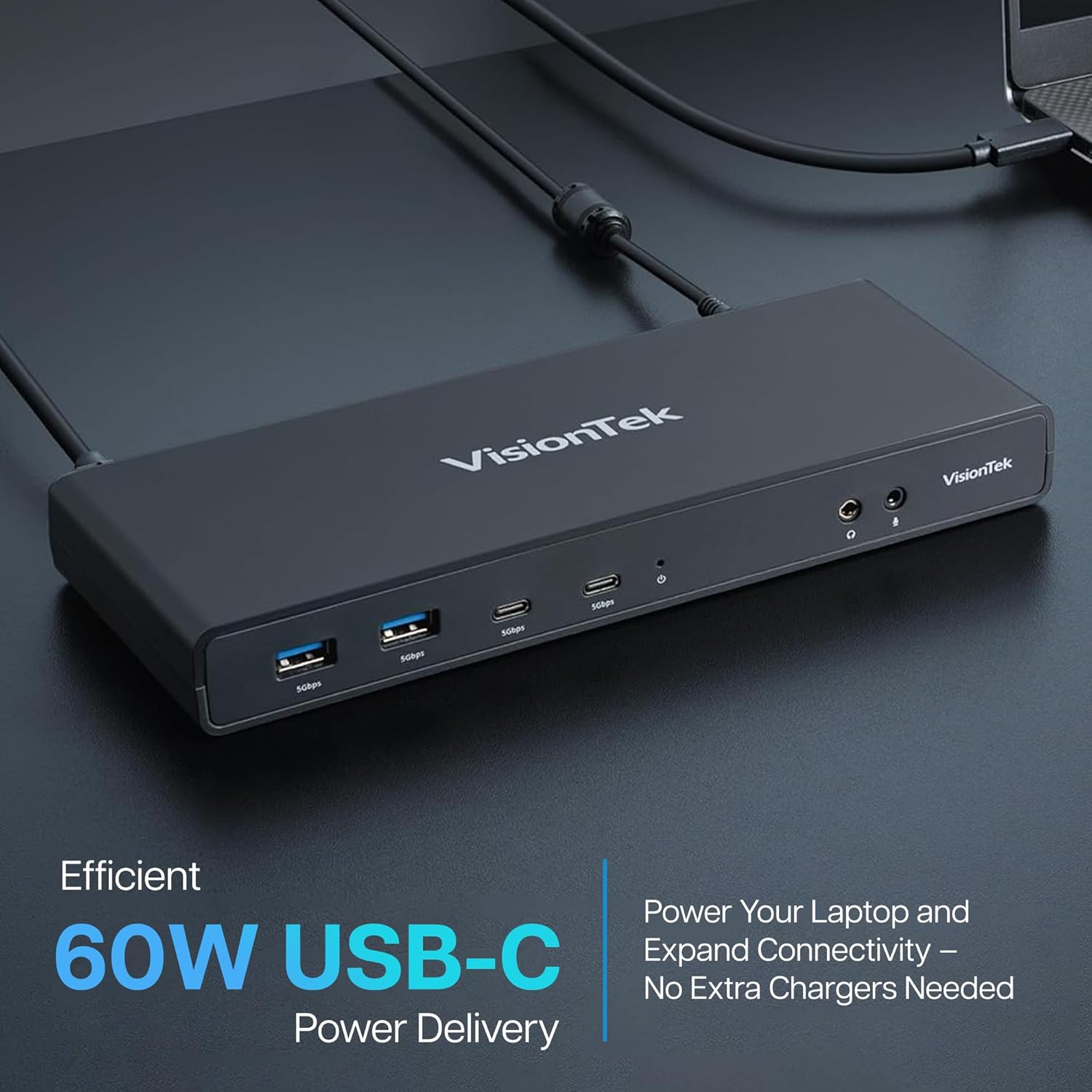 VisionTek VT4500 12in1 Docking Station Dual Monitor 4K – x2 HDMI, x2 DisplayPort, 60W USB-C PD, x4 USB-A 3.0, x2 5Gbps USB-C, 3.5mm Audio Jack, & Ethernet – Compatible with Laptop, PC, and MacBook