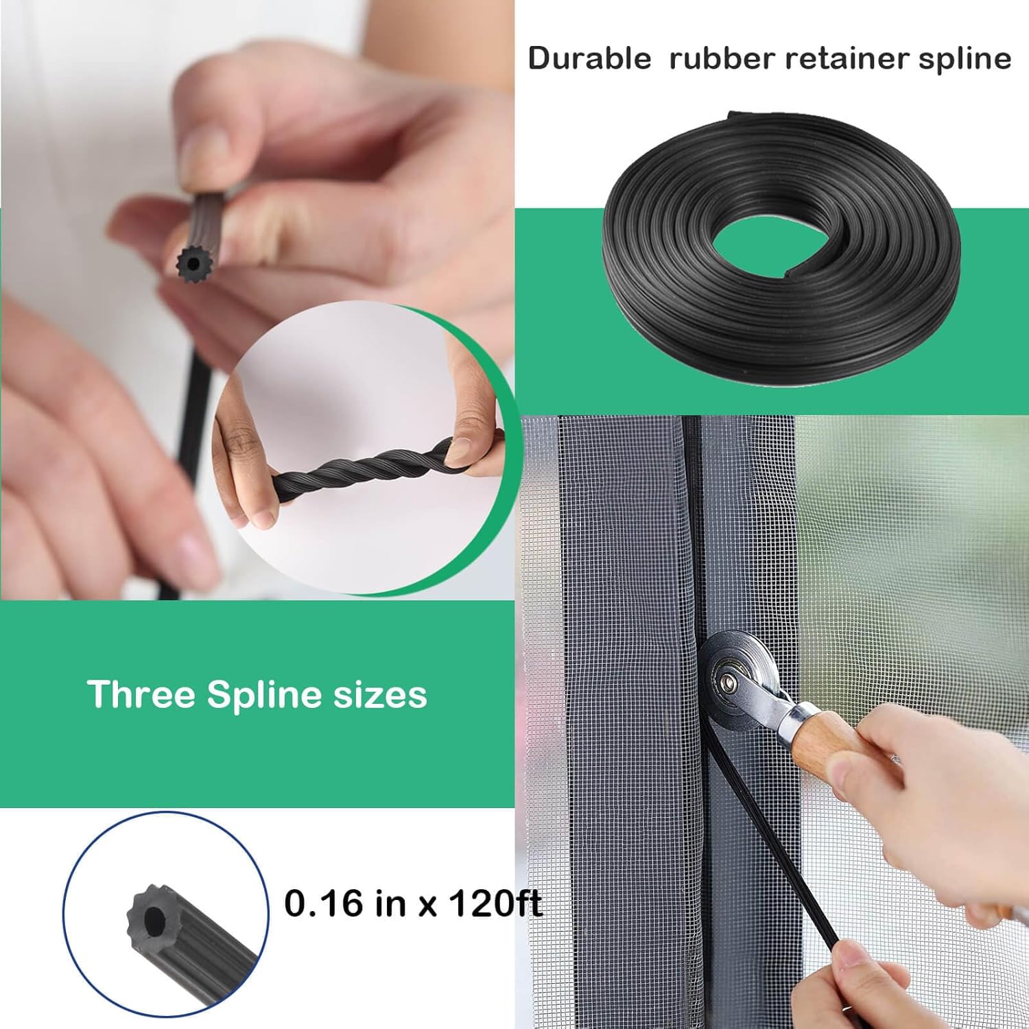 Window Screen Spline, 0.16" x 120ft Screen Retainer Spline for Window Screen Replacement, Black, Tooltriz