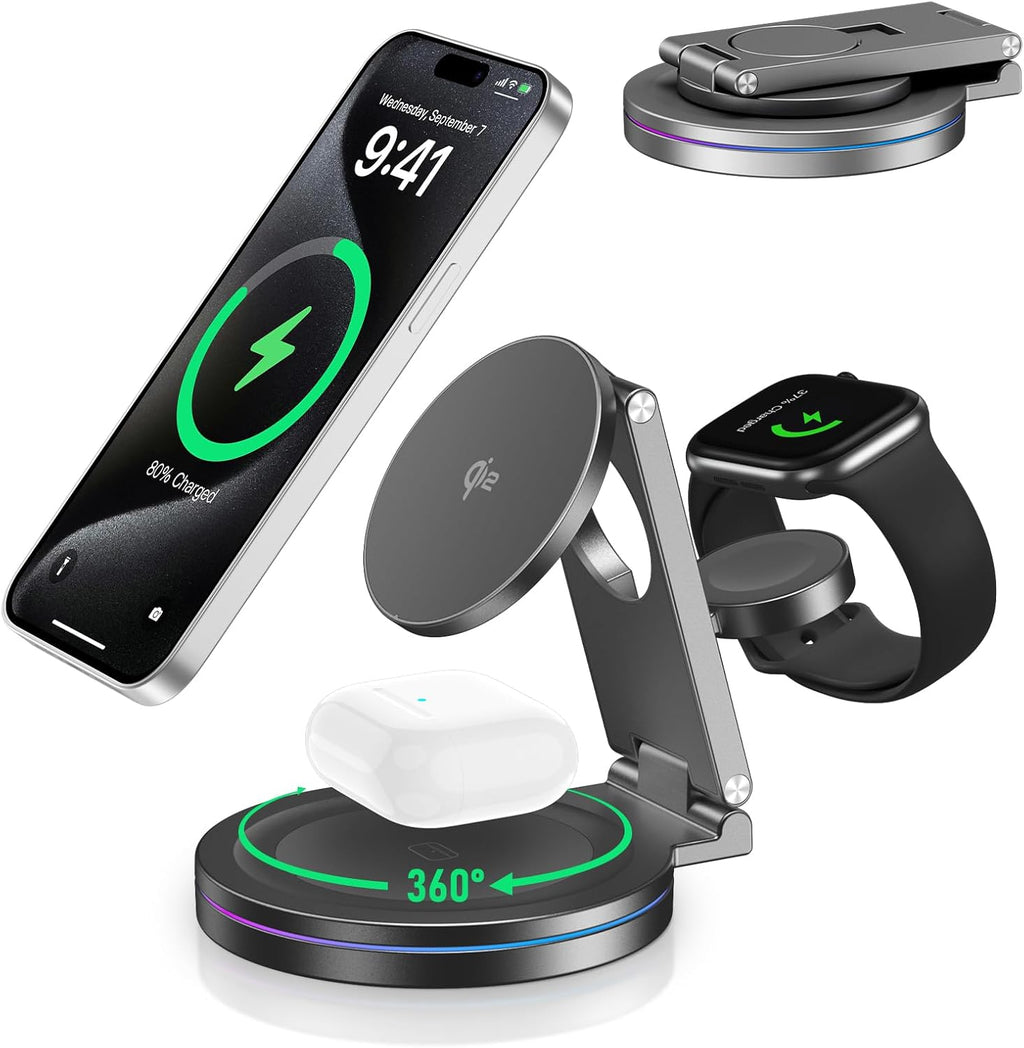 2025 Upgraded Qi2 Foldable 360º Rotatable Zinc Alloy 3 in 1 Magnetic Wireless Charging Station,3-in-1 Qi2 Charger for Apple iPhone 12~16,iWatch,AirPods(30W Adapter & Case Included)(Grey)
