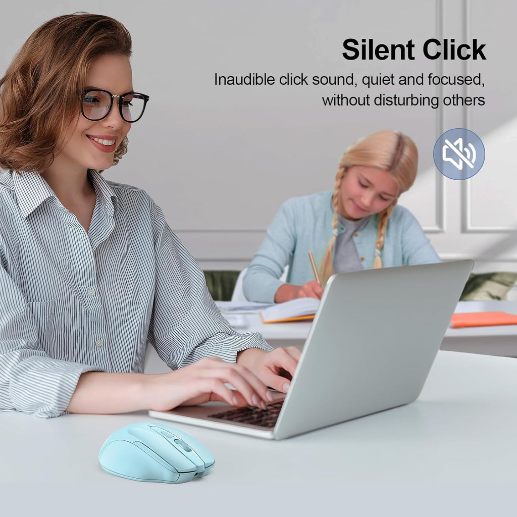 TECKNET Wireless Mouse (BT5.0/3.0 & 2.4G) Rechargeable 4800 DPI Silent USB A & Bluetooth Mouse 6 Buttons, Wide Compatibility - Lightblue