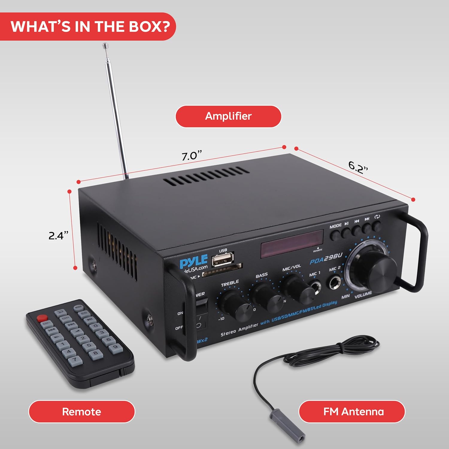 Pyle 200W Wireless Bluetooth Stereo Power Amplifier - 2-Channel Audio Receiver with RCA - USB - SD - MIC IN - FM Radio - Remote Control - AUX Input for Home Theater & Studio Use - PDA29BU.6