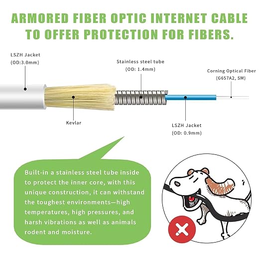 30ft SC/APC to SC/APC Fiber Optic Internet Cable, Armored Single Mode Patch - Image 2
