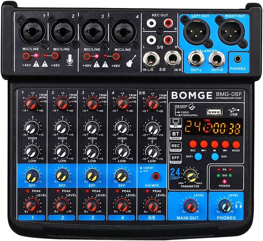 BOMGE 6 Channel mini DJ Audio sound mixer console with USB interface, Bluetooth, Stereo Recording, 48V Phantom Power, 24 DSP effects for karaoke, singing, live，streaming，pc recroding. (black)