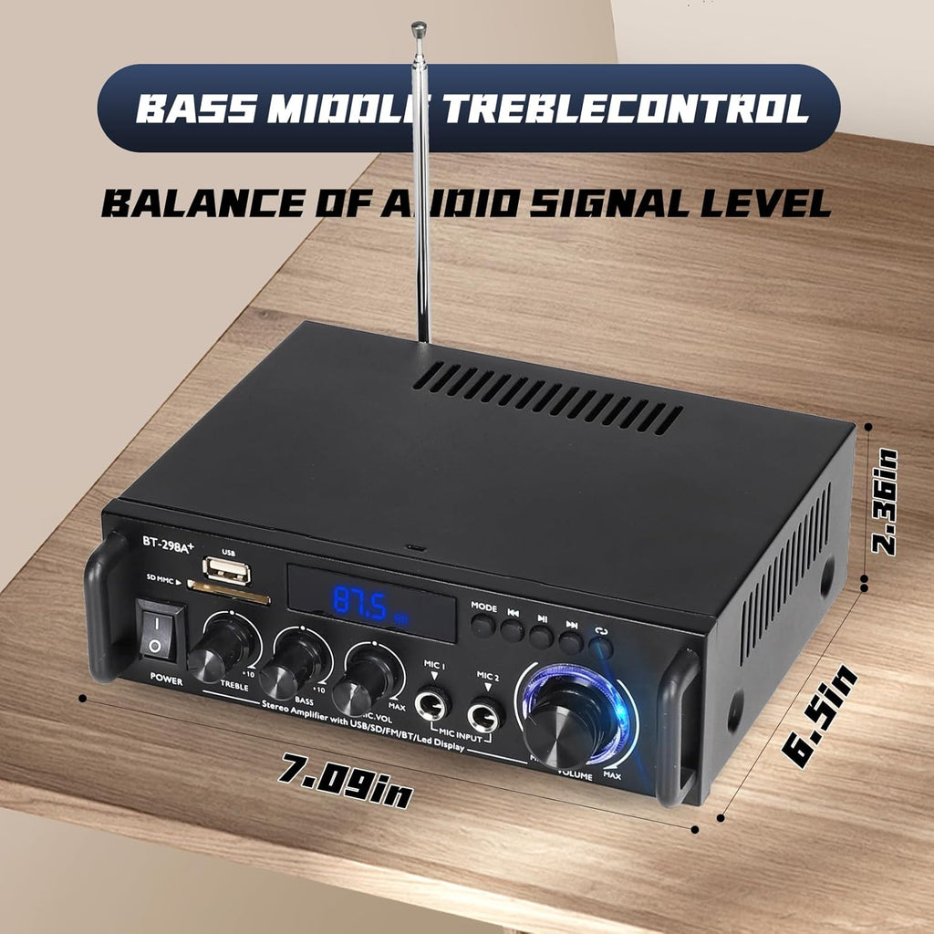 Stereo Audio Amplifier, 300W Home 2 Channel Wireless Bluetooth 5.0 Power Amplifier System, Home Amplifiers FM Radio, USB, SD Card, with Remote Control Home Theater Audio Stereo System