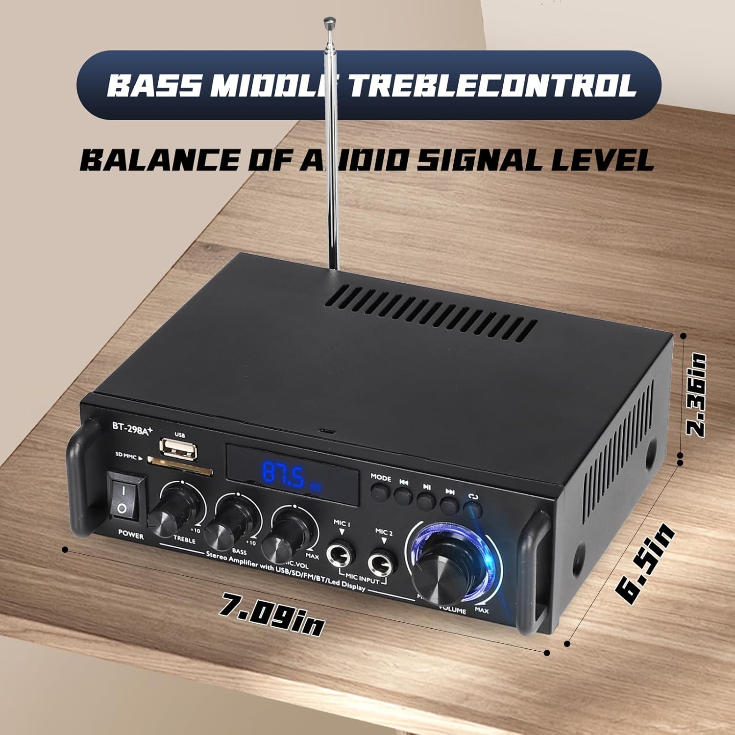 Stereo Audio Amplifier, 300W Home 2 Channel Wireless Bluetooth 5.0 Power Amplifier System, Home Amplifiers FM Radio, USB, SD Card, with Remote Control Home Theater Audio Stereo System