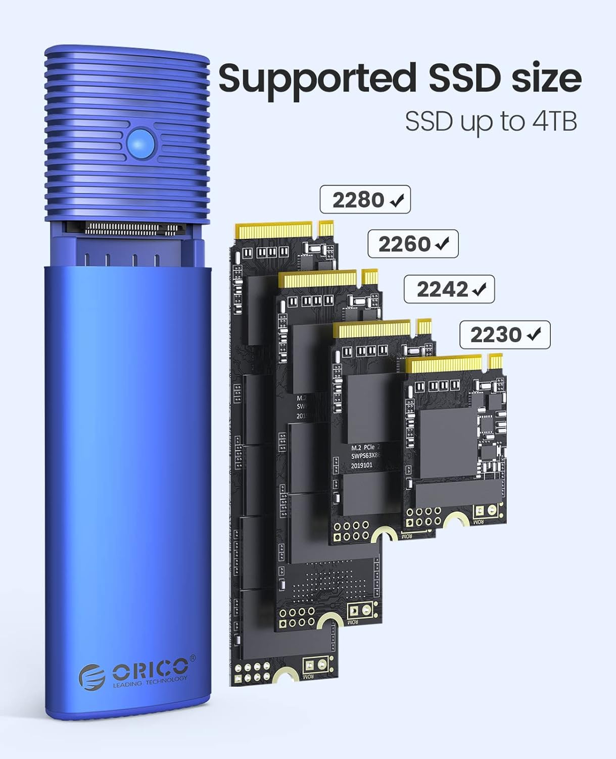 ORICO M.2 NVMe SATA SSD Enclosure Adapter Tool-Free, USB C 3.2 Gen 2 10Gbps NVMe, 5Gbps NGFF SATA PCIe M-Key(B+M Key) 2230/2242/2260/2280, Aluminum External M2 Reader Support UASP Trim-BL(G2A)