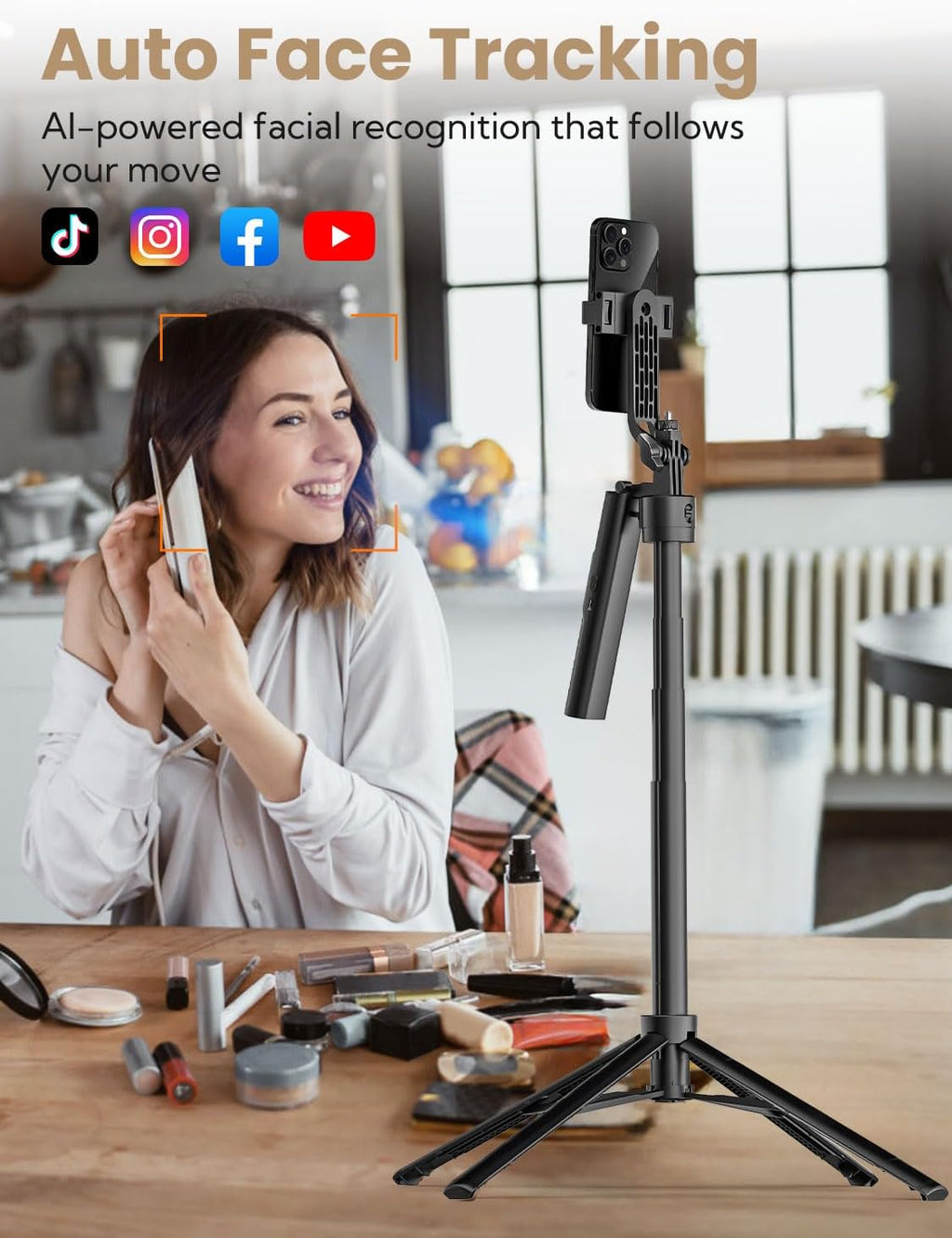 Auto Face Tracking Tripod for iPhone 360°Rotation,Selfie Stick for Android w/Remote&Ground Spike,68” Phone Tripod Stand That Follows Your Movement for Video Recording,Vlogging(R01)
