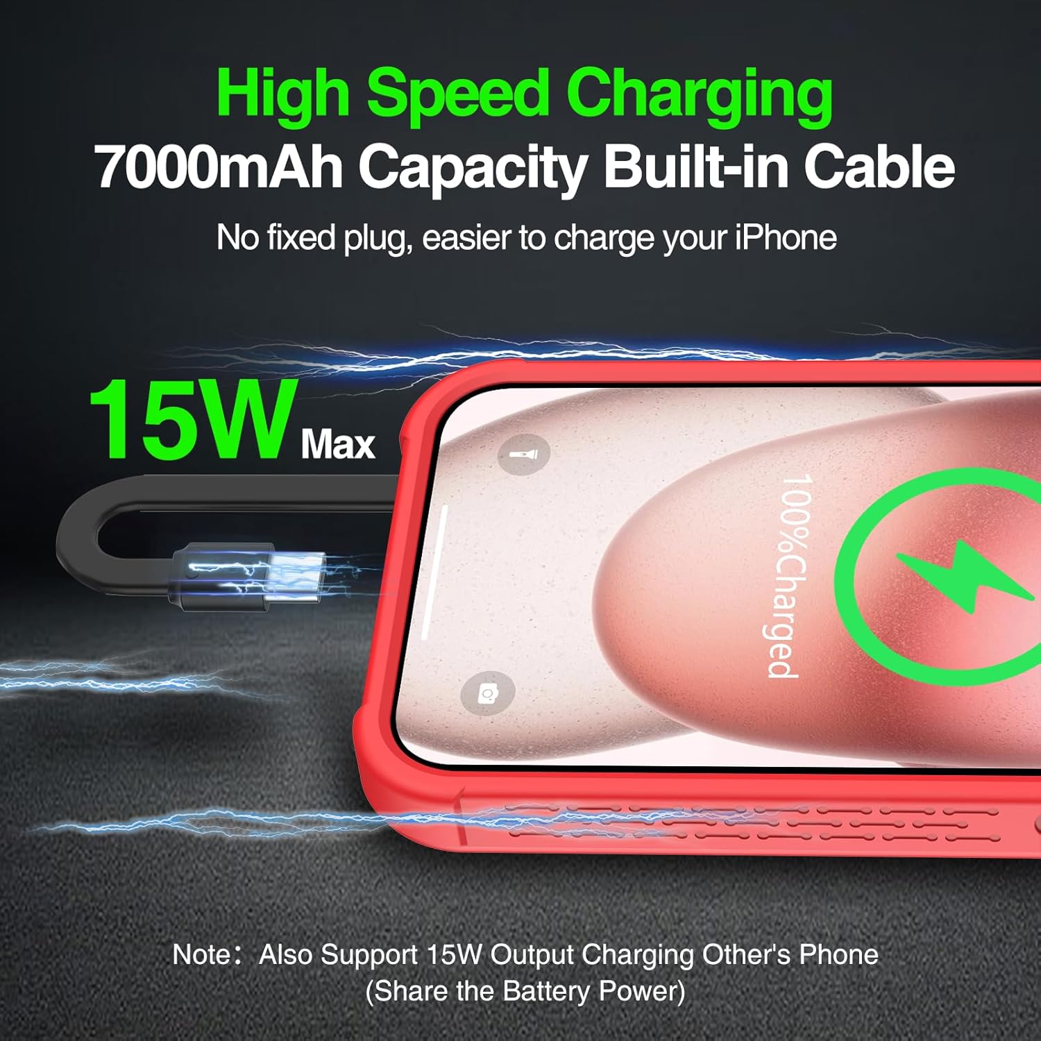 GIN FOXI Fast Charging Battery Case for iPhone 15/15 Pro, 7000mAh 15W Ultra Slim Charger Case Rechargeable Portable Extended Power Bank Case Cover Battery Pack Built-in Cable, Red (6.1”)