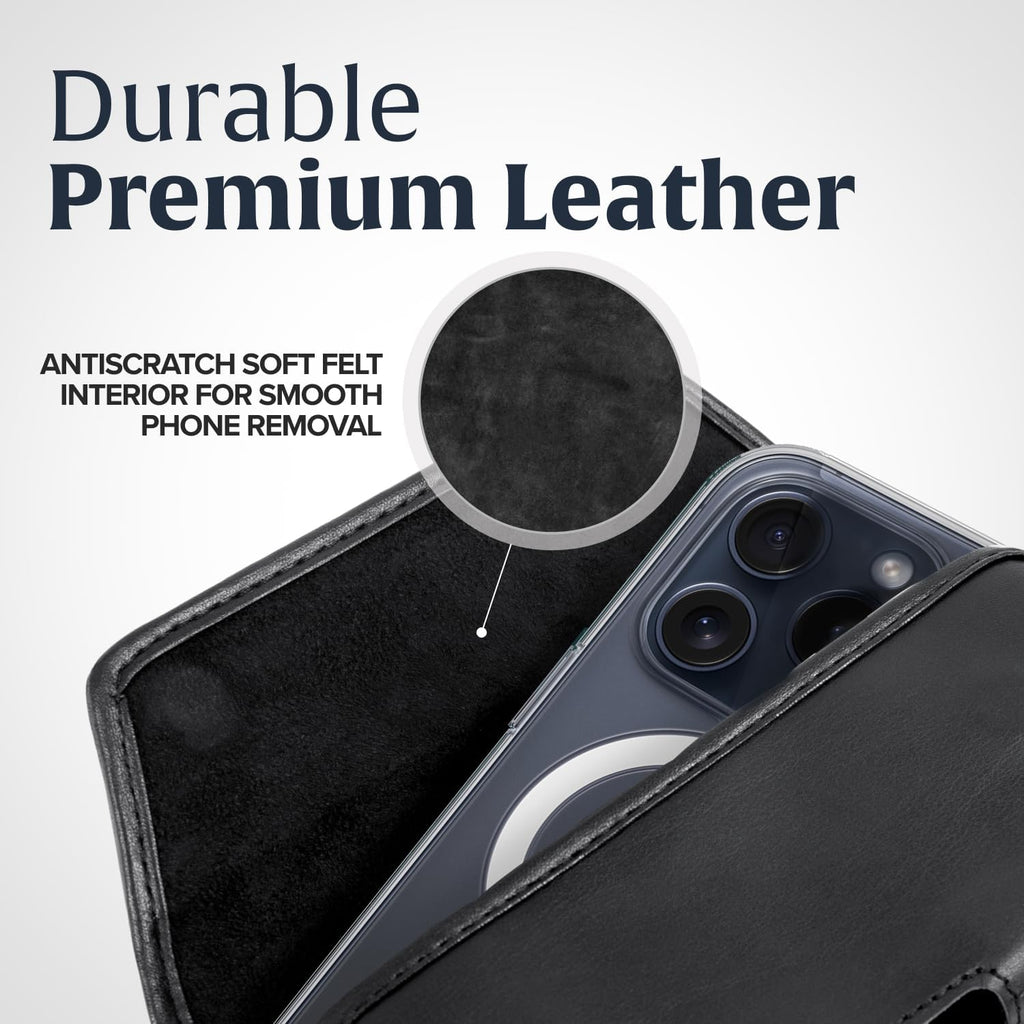 Turtleback Belt Holder for iPhone 16 Pro, 16e, 15 pro 14 Pro 13 Pro -Small- Fits w/Slim MagSafe Style Cases, Premium Black Leather Horiz. Belt Holster, Magnetic Closure, Leather Wrapped Belt Clip