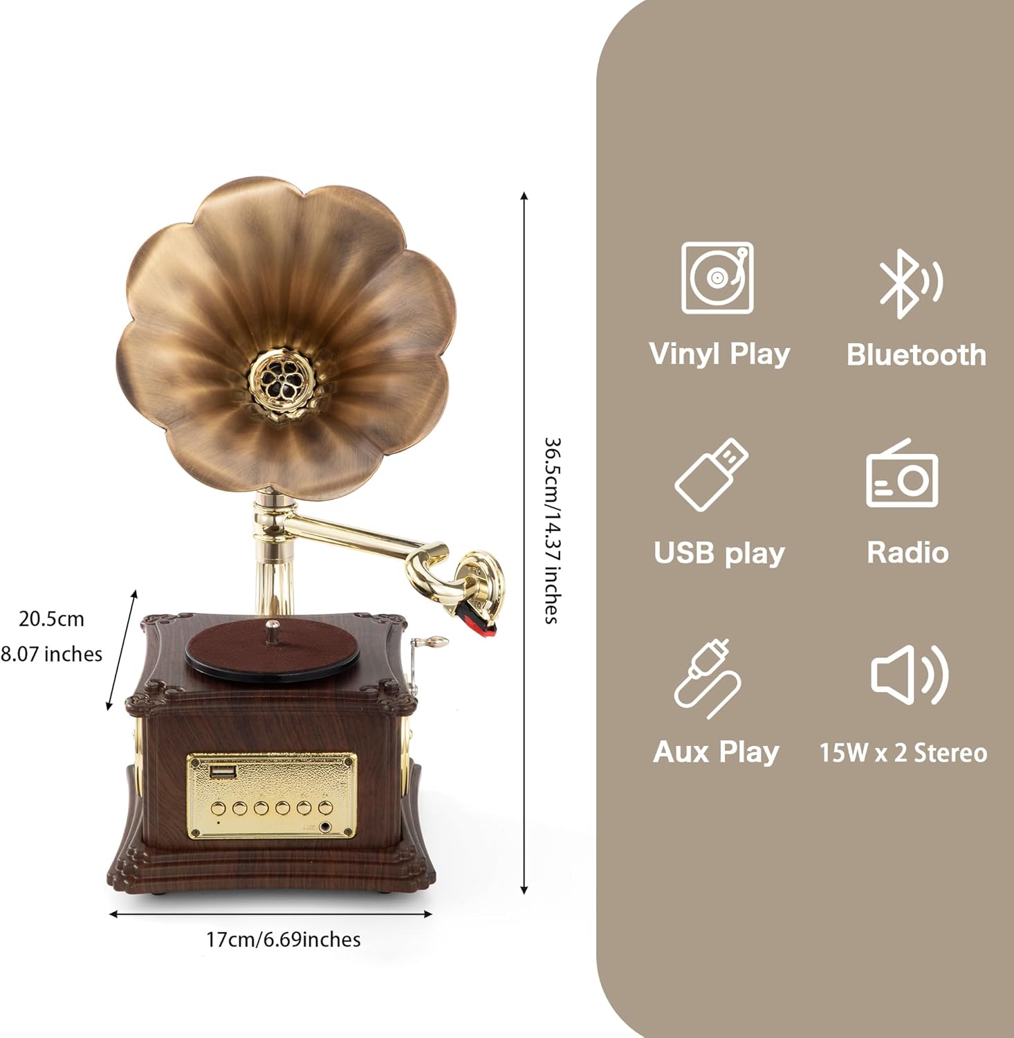 Vintage Style Wooden Record Player with Bluetooth, USB, AUX, FM Radio and Built-in Speakers (109HJ-1)