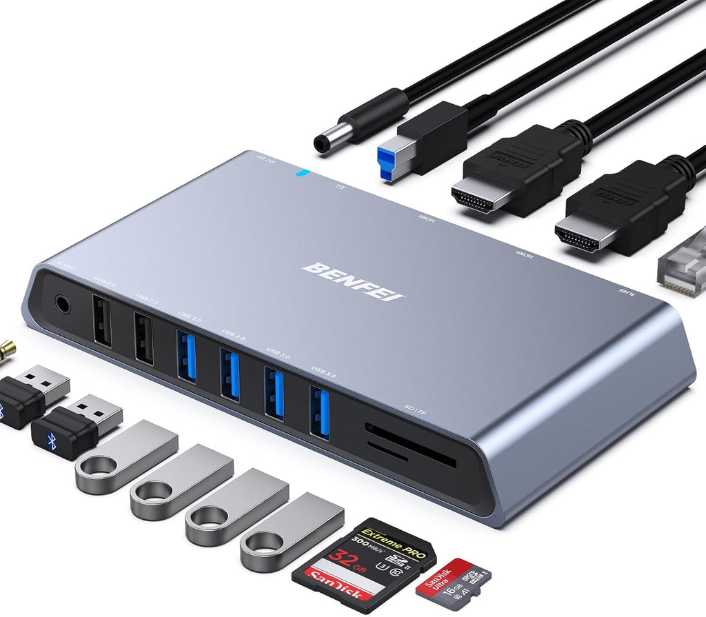 BENFEI 12-in-1 USB Type-A/USB Type-C Docking Station with Dual HDMI Display/6*USB Ports/SD/TF Card Reader/Gigabit Ethernet Network/3.5mm Female Headphone Jack Compatible with Windows and Mac