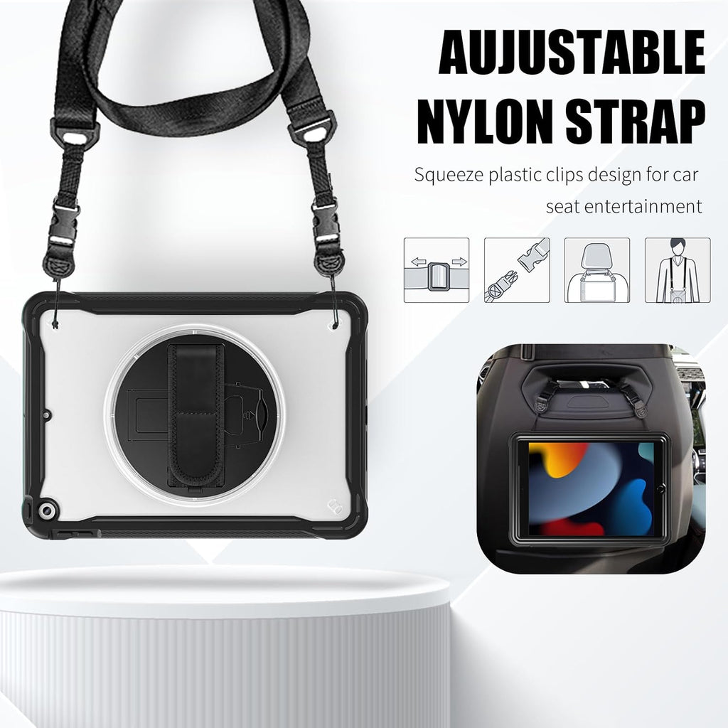 ZenRich Clear Case for iPad 9th/8th/7th Generation 10.2 inch 2021/2020/2019, Shockproof Slim Hard Case with Pencil Holder/360°Rotating Kickstand/Handle/Carrying Strap, Black