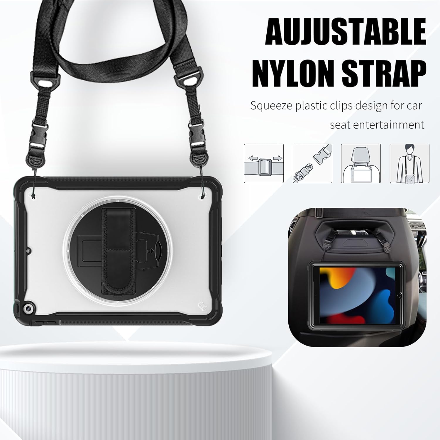 ZenRich Clear Case for iPad 9th/8th/7th Generation 10.2 inch 2021/2020/2019, Shockproof Slim Hard Case with Pencil Holder/360°Rotating Kickstand/Handle/Carrying Strap, Black