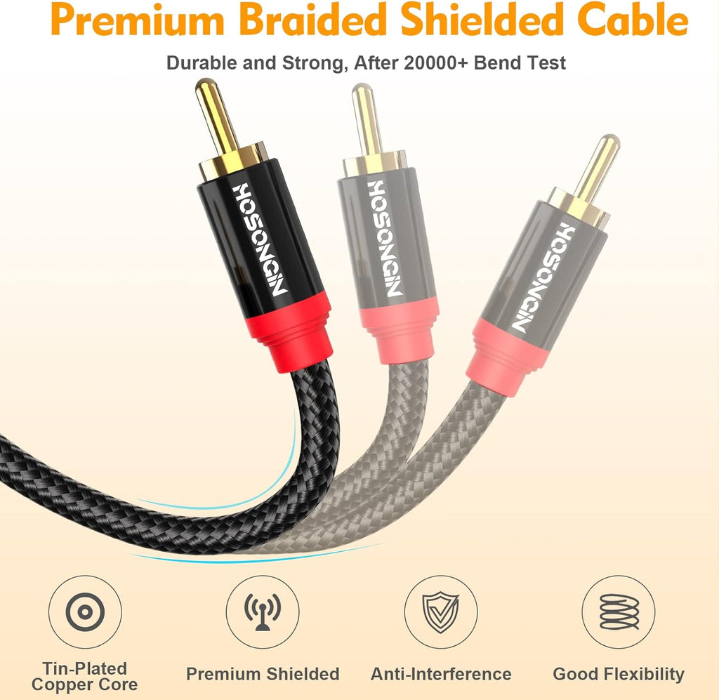 HOSONGIN RCA Cables 20ft 2 Pack[Hi-Fi Sound, Nylon Braided, Shielded], 2-Male to 2-Male RCA Audio Stereo Subwoofer Cable Auxiliary Cord for Home Theater, HDTV, Amplifiers, Hi-Fi Systems, Speakers