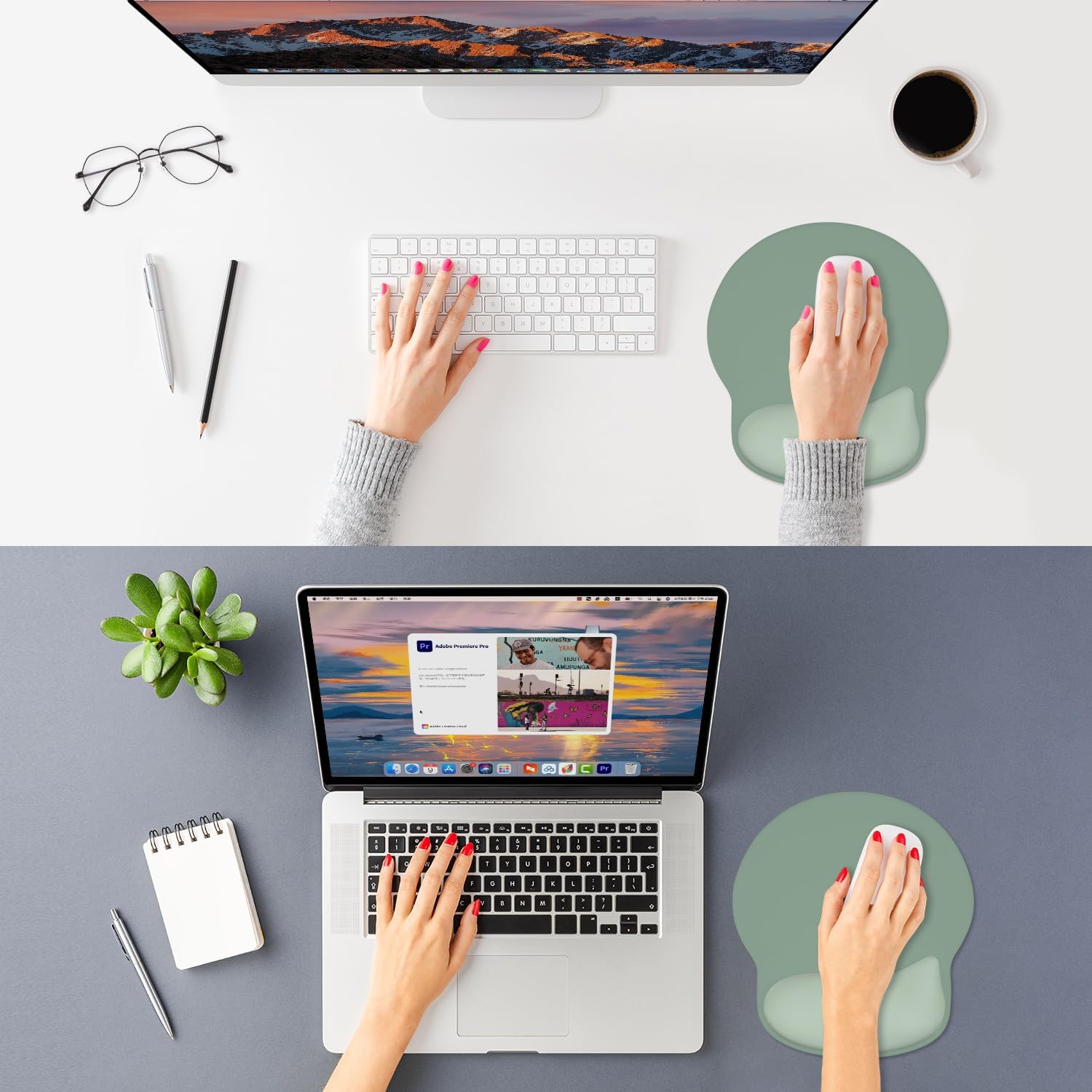ITNRSIIET Ergonomic Mouse Pad with Wider Memory Foam Wrist Rest +17%, Curved Cushion Reduces Pressure 20%, Pain Relief, Non-Slip, Smooth, Cute Color Desk Accessory, 9.85 x 9 inch, Sage Mint Gradient
