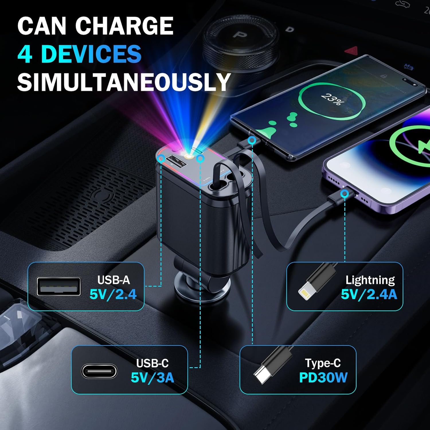 Car Charger with Starlight, 66W USB C Fast Car Chargers Adapter, 4 in 1 Retractable Car Charger with 2 USB Ports for iPhone16/15/14/13/12/11 and for Android (Black)