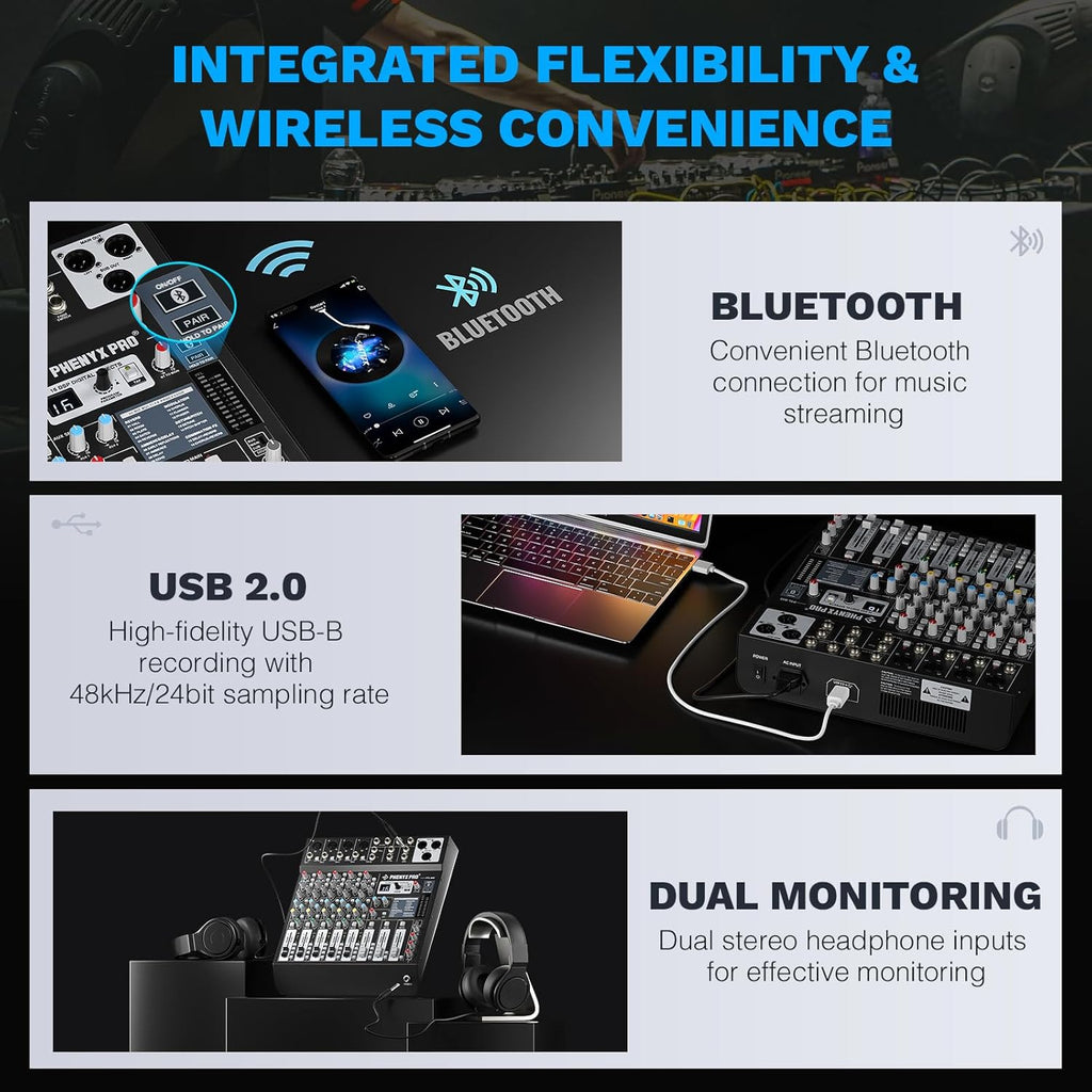 Professional 6-Channel Audio Mixer, Phenyx Pro DJ Sound Mixer Board w/Flexible AUX, BUS, SUB Routing, 16 DSP, BT Streaming & USB-B PC Recording, Mixing Console for Stage, Home Studio (PTL-600)