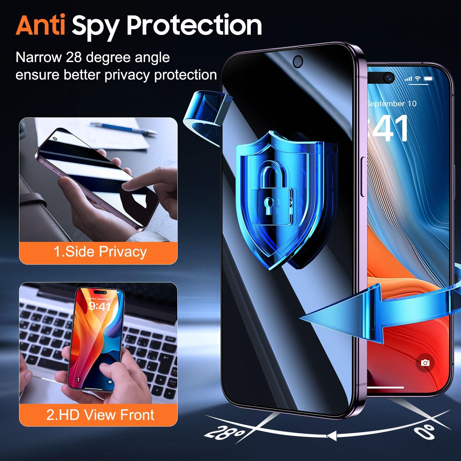 UniqueMe for iPhone 14 Pro Max Privacy Screen Protector - [Military Grade Shatterproof & 9H+ Hardness] Screen Protector 14 Pro Max Tempered Glass Full Coverage Protection, Easy to install, 2 Packs