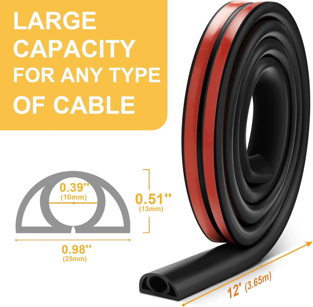 12ft Cord Cover Floor for Extension Cords, Self-Adhesive Floor Cable Cover to Protect Cables & Prevent Tripping, PVC Cord Hider Protector, Internal Wire Management Channel Diameter: 0.39", Black