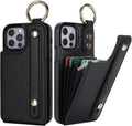 Folosu for iPhone 12/12 Pro Wallet Case with Card Holder, Hand Wrist Strap Loop Holder Kickstand, RFID Blocking Finger Grip Ring PU Leather Double Buttons Shockproof Cover 6.1" Black