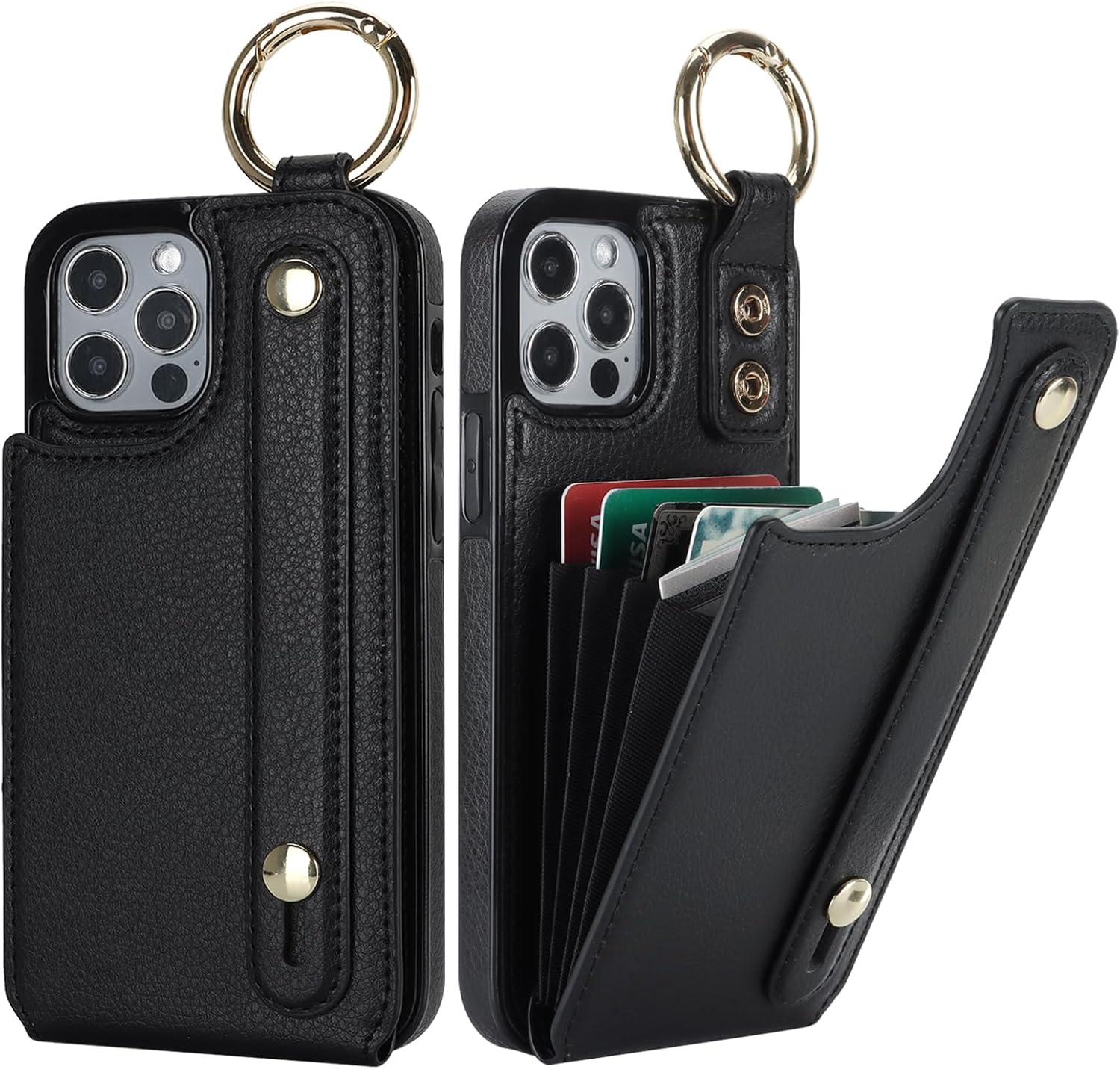 Folosu for iPhone 12/12 Pro Wallet Case with Card Holder, Hand Wrist Strap Loop Holder Kickstand, RFID Blocking Finger Grip Ring PU Leather Double Buttons Shockproof Cover 6.1" Black
