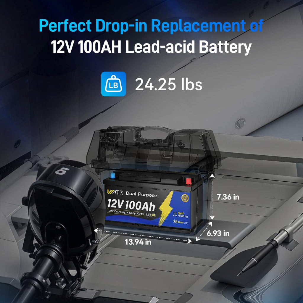 12V 100Ah Bluetooth LiFePO4 Battery, [Cranking &Deep Cycle] Lithium Battery with Self-Heating, Built-in 200A BMS, Perfect for Trolling Motor, RV, Marine, Boat(2 Pack)