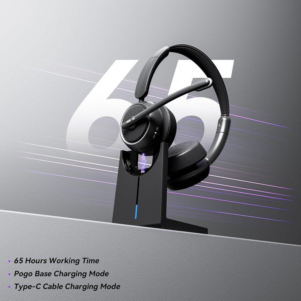 Wireless Headset with Mic for Work, Bluetooth Headset with Mic (AI Noise Canceling & Mic Mute), Wireless Headphones with USB Dongle & Charging Base for Work/Home/Call Center/PC/Computer/Zoom/Teams