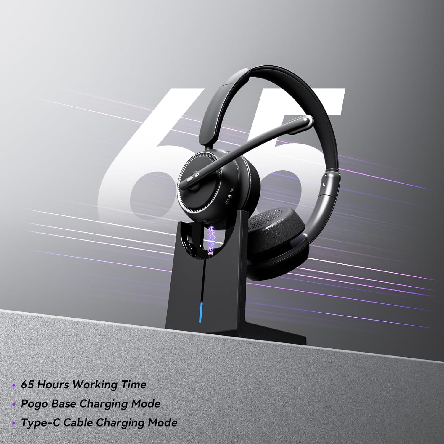Wireless Headset with Mic for Work, Bluetooth Headset with Mic (AI Noise Canceling & Mic Mute), Wireless Headphones with USB Dongle & Charging Base for Work/Home/Call Center/PC/Computer/Zoom/Teams