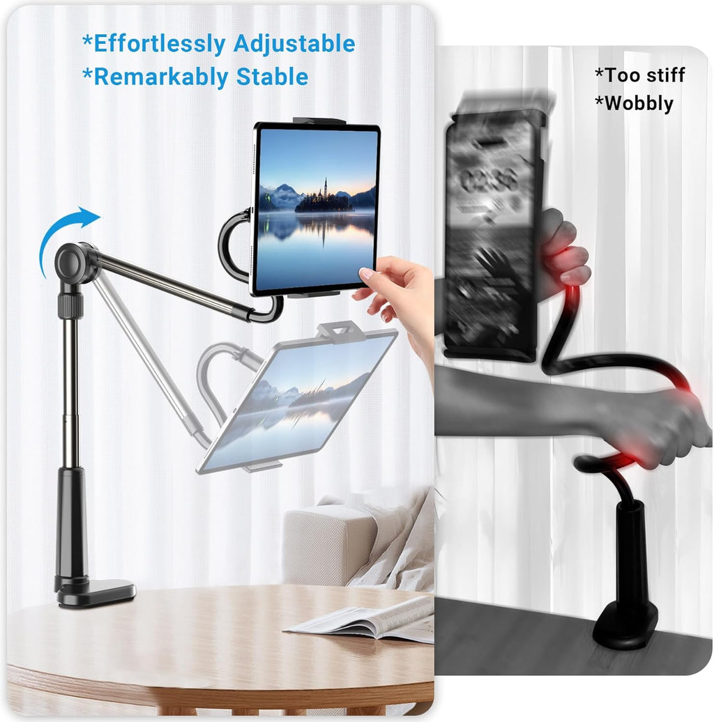 Desk Tablet Holder for iPad Pro, No Stiff Easy Adjust Arm Phone and Tablet Stand for Bed, Ereader Accessories Compatible with Kindle iPhone, iPad Pro/Mini/Air, Smartphones