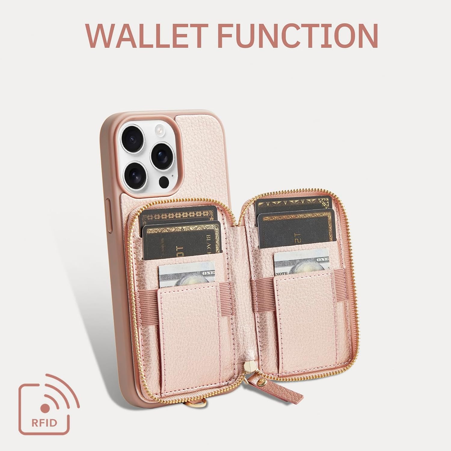ZVE Wallet Case iPhone 15 Pro Max, Phone Case with Card Holder Wrist Strap, RFID Blocking Zipper Leather Gift Cover for Women for iPhone 15 Pro Max, 6.7"(2023) - Rose Gold