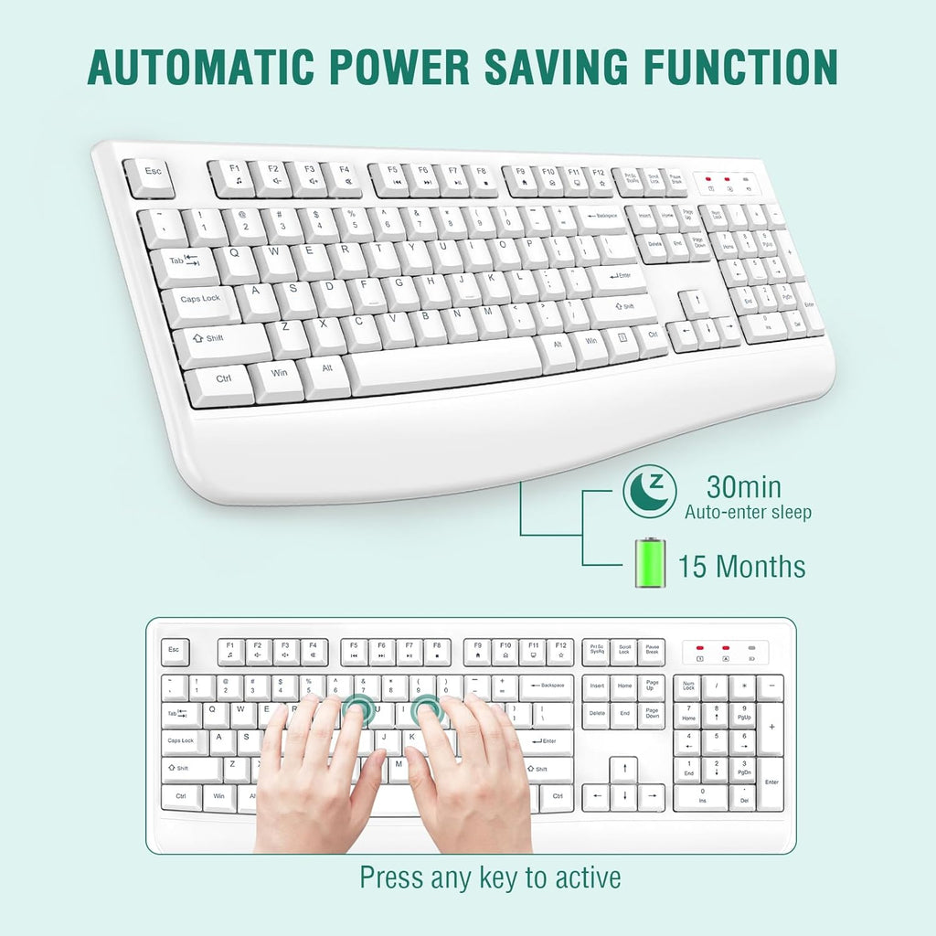 EDJO Wireless Keyboard, 2.4G Ergonomic Full Size Wireless Computer Keyboard with Wrist Rest for Windows, Mac OS Desktop/Laptop/PC（White）
