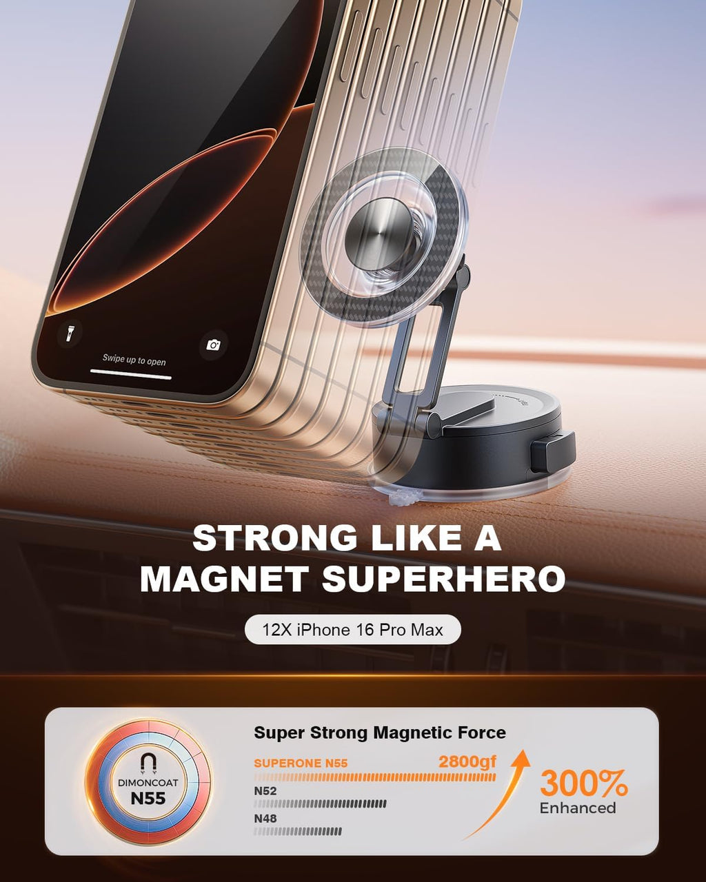 SUPERONE for Magsafe Car Mount [80+LBS Strongest Suction & 2400gf Strongest Magnetic] 360°Adjustable Vacuum Phone Holder for Your Car Accessories Fit iPhone 16 Pro Max 15 14 13 12 Plus MagSafe Case