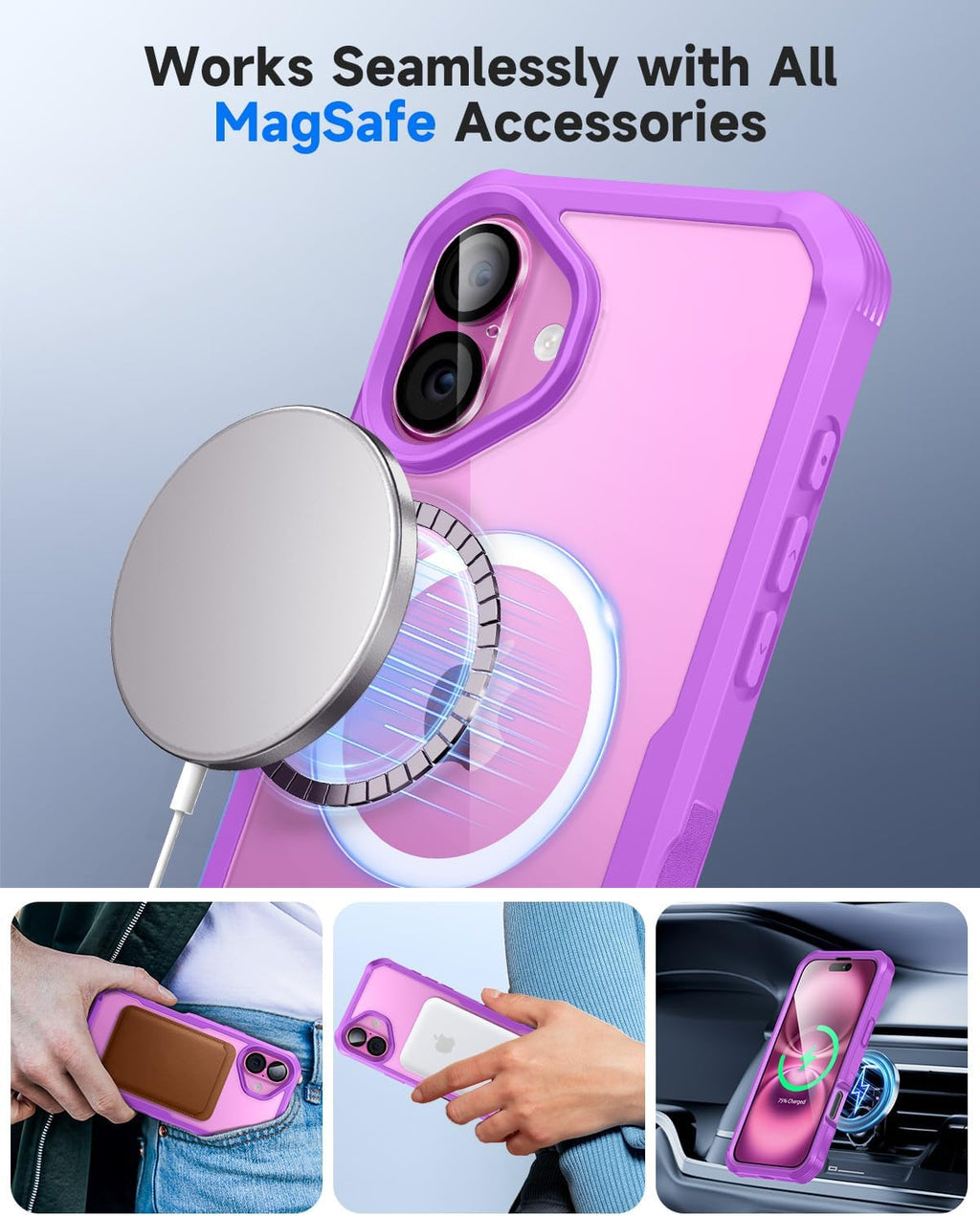 seacosmo for iPhone 16 Case, Full Body Bumper with Built-in 9H Tempered Glass Privacy Screen and Camera Lens Protector, Compatible with MagSafe, Shockproof 16 Phone Case, 6.1", Fuchsia Pink