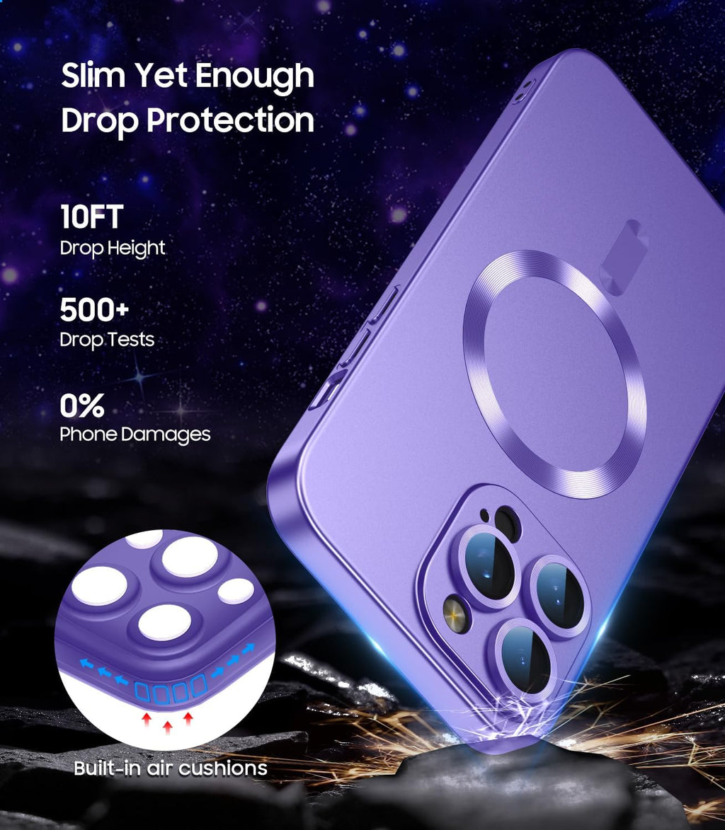 Magnetic for iPhone 16 Pro Case [Compatible with MagSafe][Built-in Camera Lens Protector] Slim Soft Silicone Bumper Shockproof Metallic Luster Phone Case (Purple)